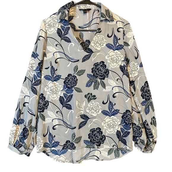 Banana Republic Womens Blouse Gray Blue Floral V Neck Collared Long Sleeve Small - Picture 1 of 11